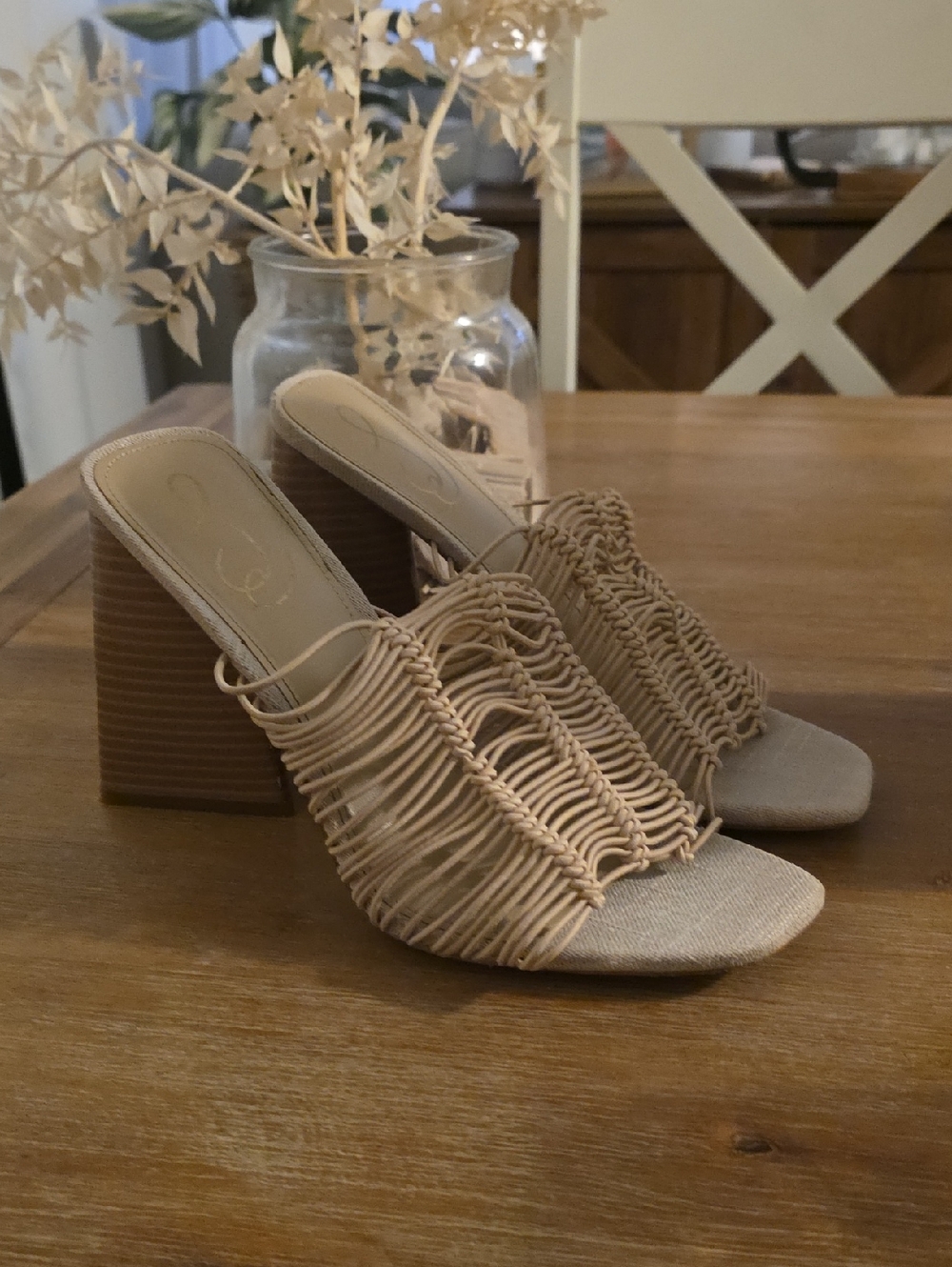 Sam Edelman Beige Woven Strappy Block Heel Mules